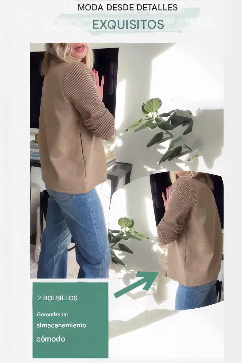 Casual Svetr Kabát s Knoflíky a Patchwork Rukávy pro Ženy