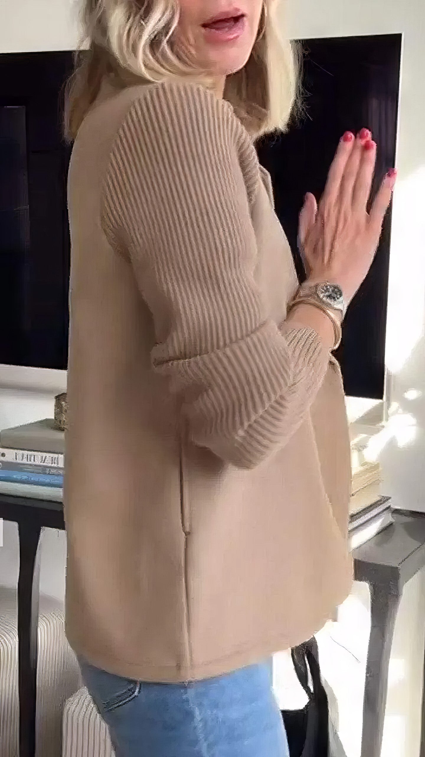 Casual Svetr Kabát s Knoflíky a Patchwork Rukávy pro Ženy