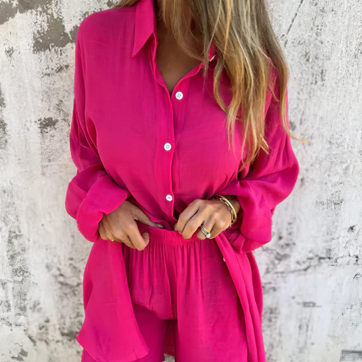 Casual tweedelig set met lange mouwen en korte broek voor vrouwen